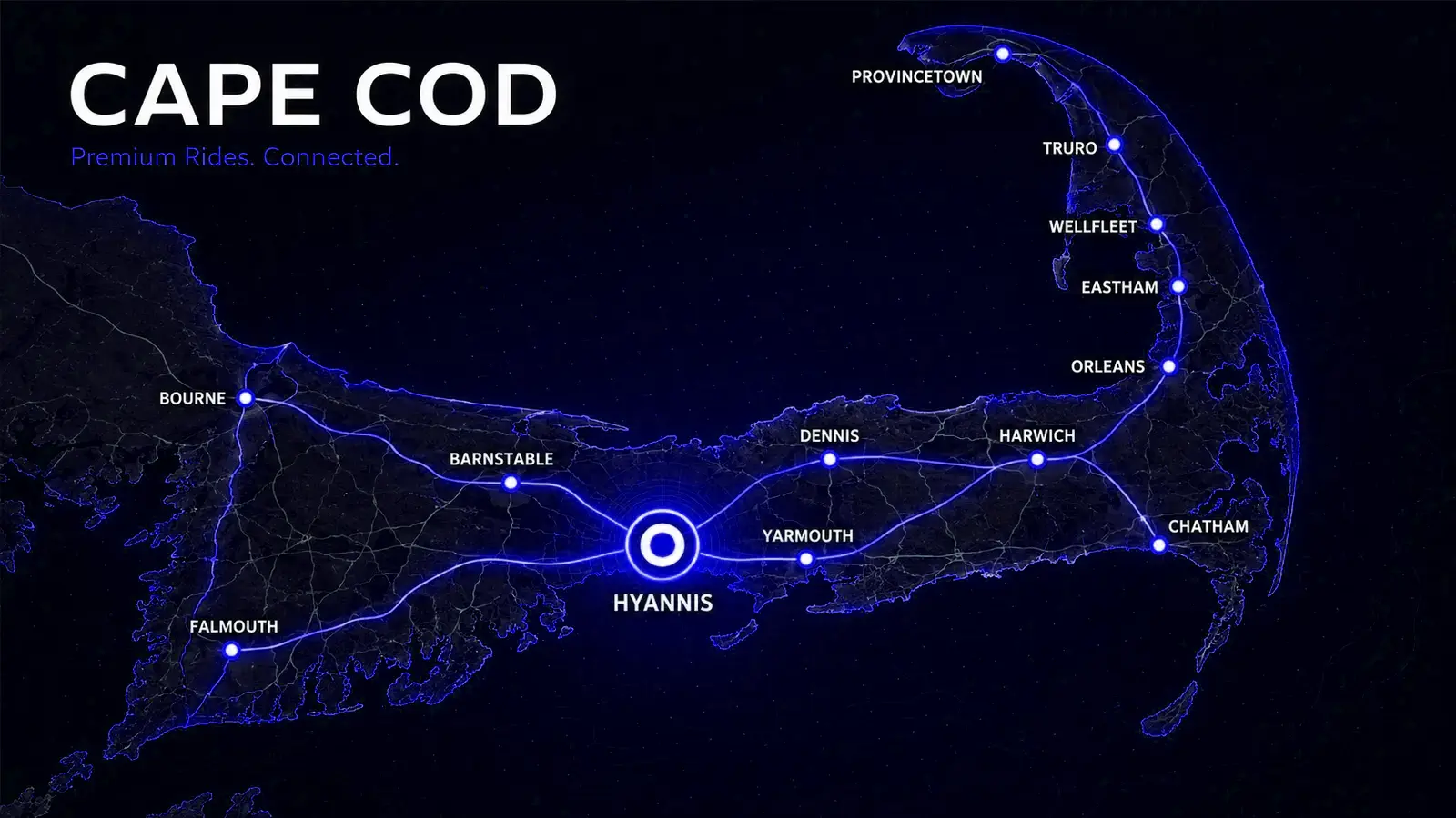 Digital Cape Cod map with Hyannis highlighted.