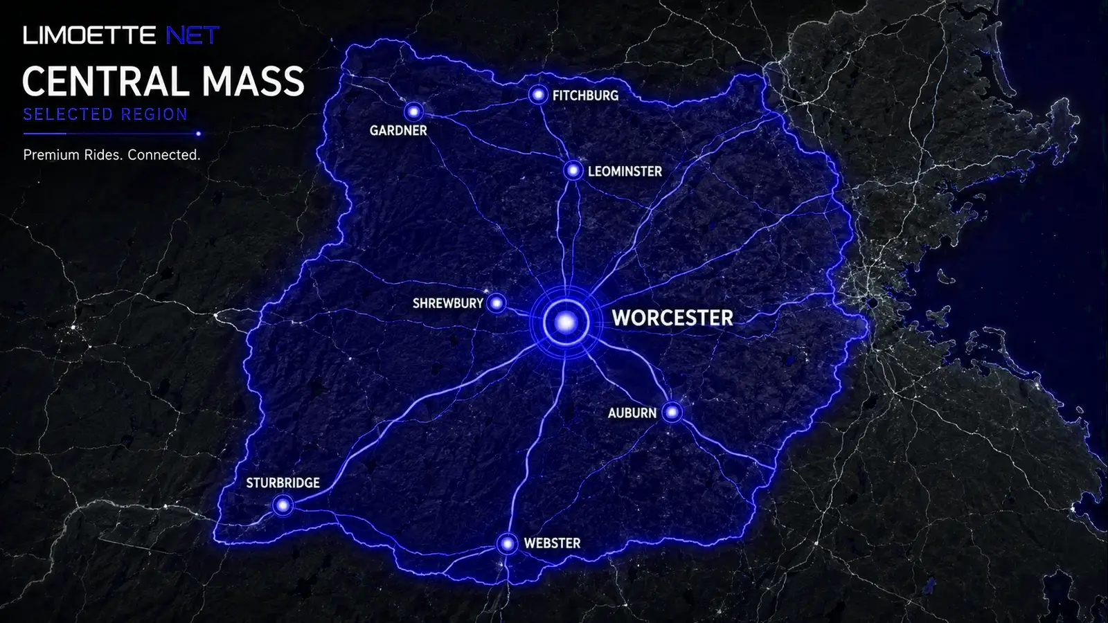 Digital Central Massachusetts map with Worcester highlighted.