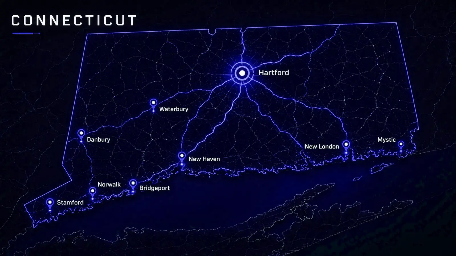 Digital Connecticut map with Hartford highlighted.