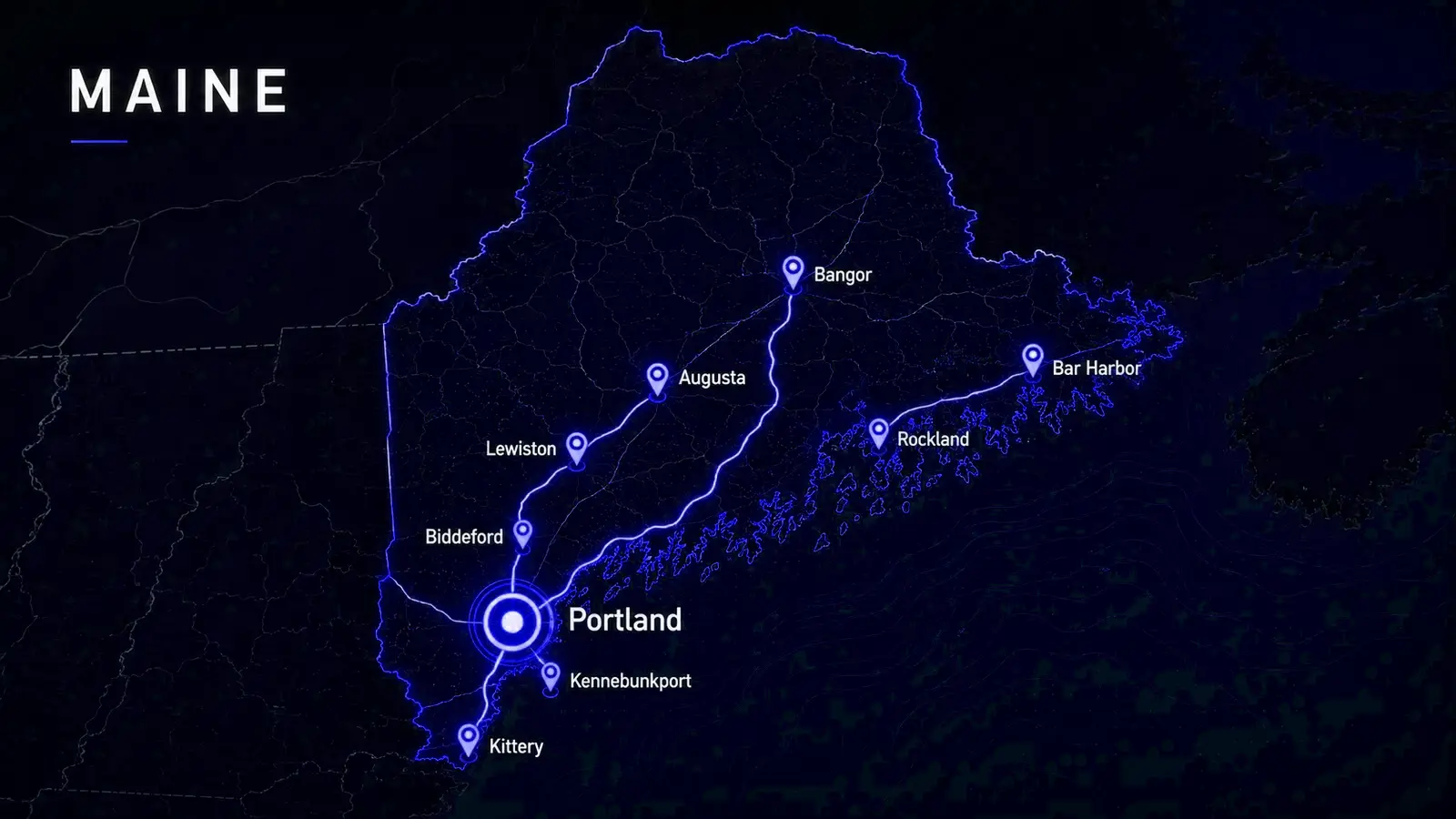 Digital Maine map with Portland highlighted.