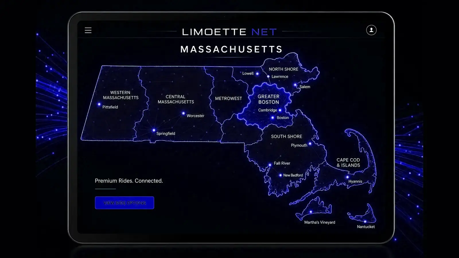 Digital Massachusetts map showing connected Limoette Net driver regions.