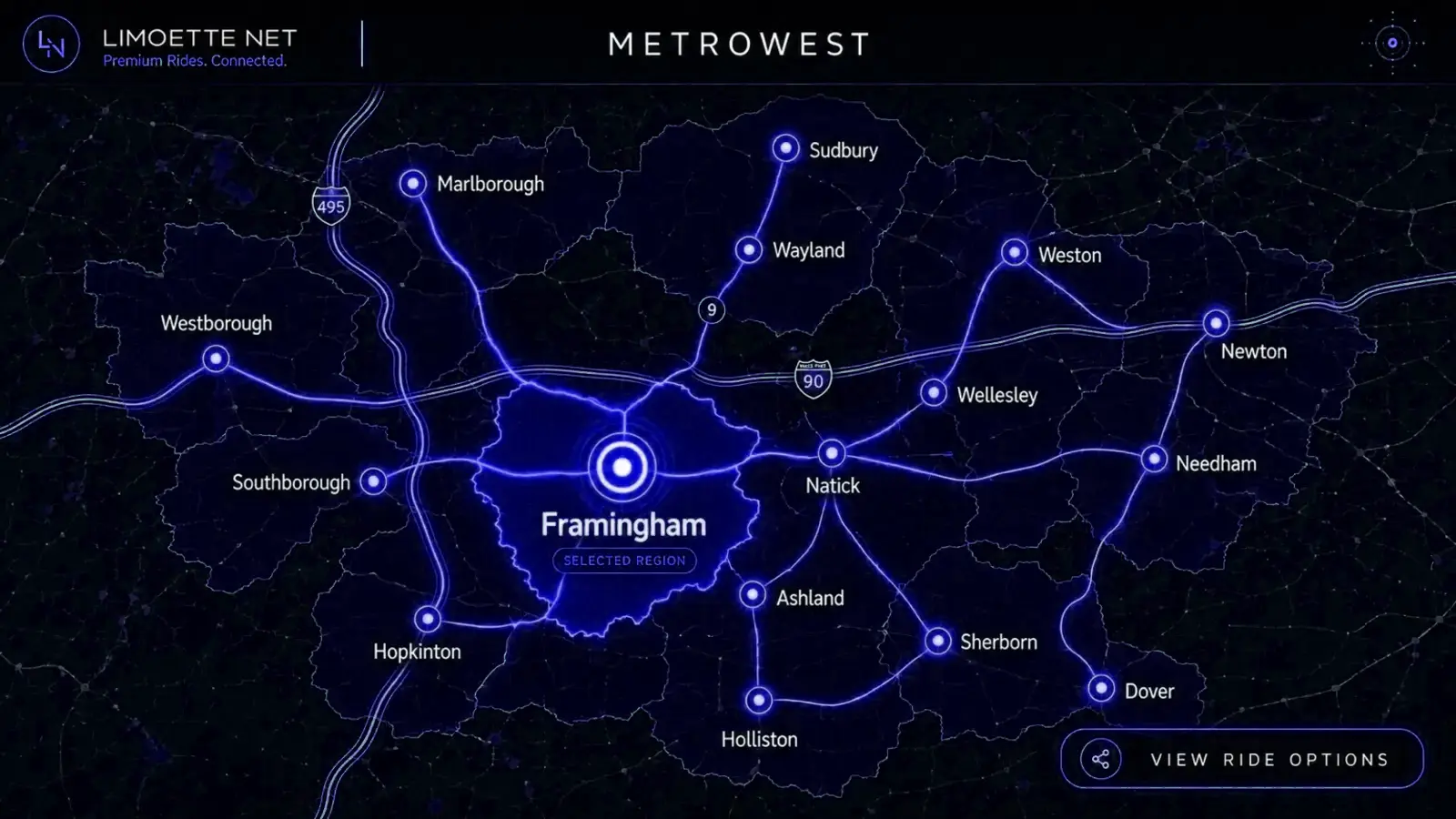 Digital MetroWest map with Framingham highlighted.