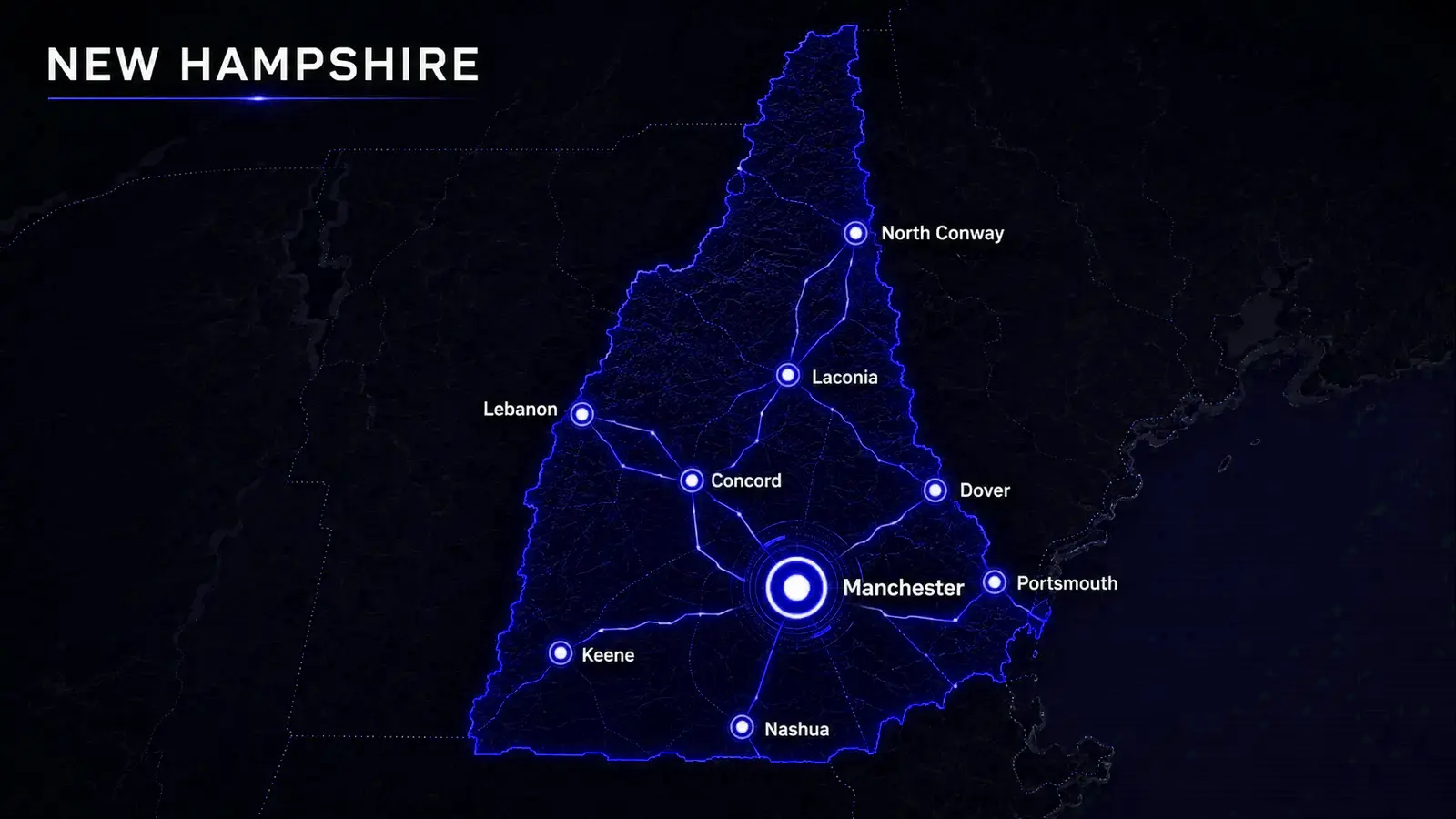 Digital New Hampshire map with Manchester highlighted.