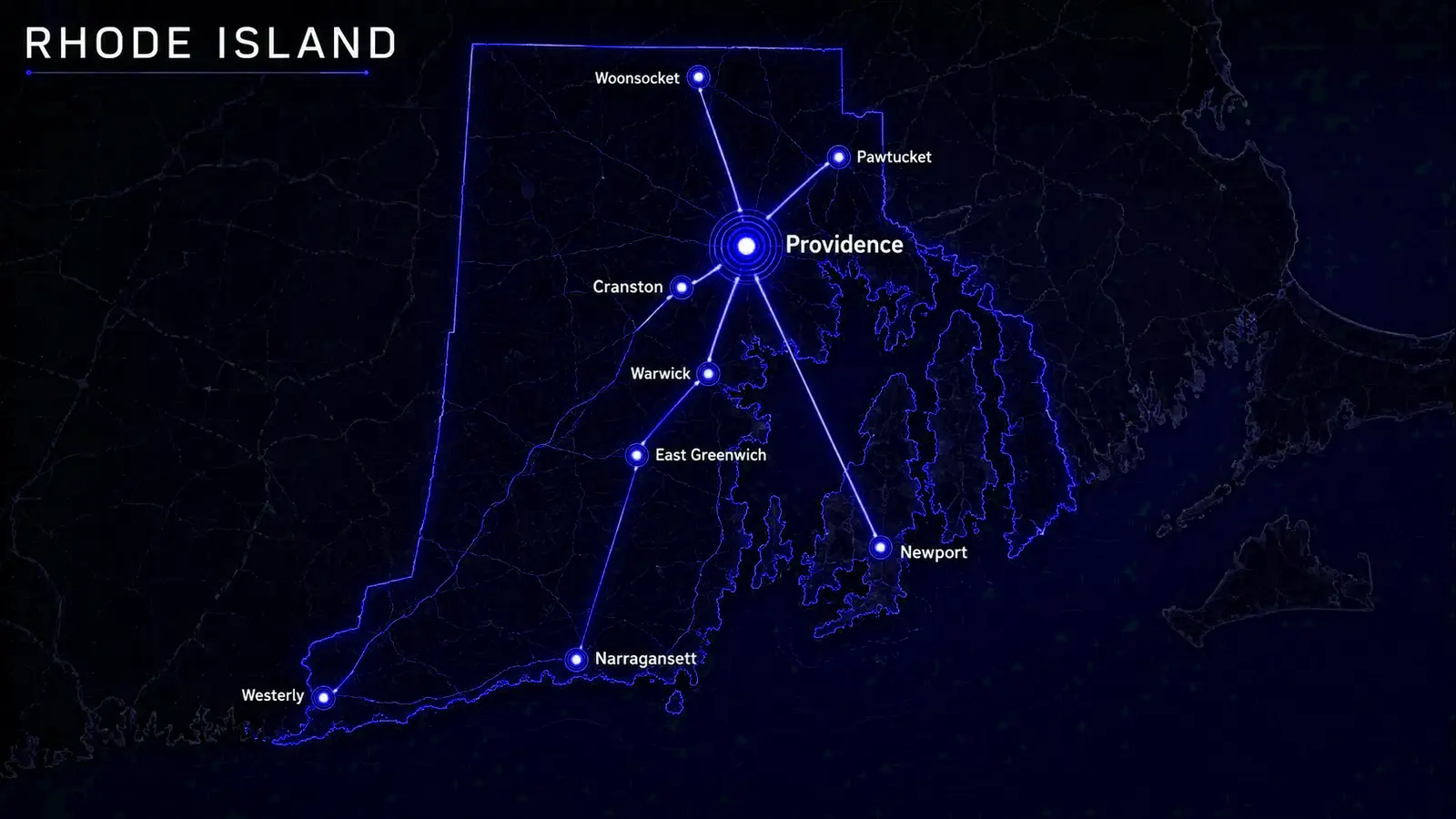 Digital Rhode Island map with Providence highlighted.