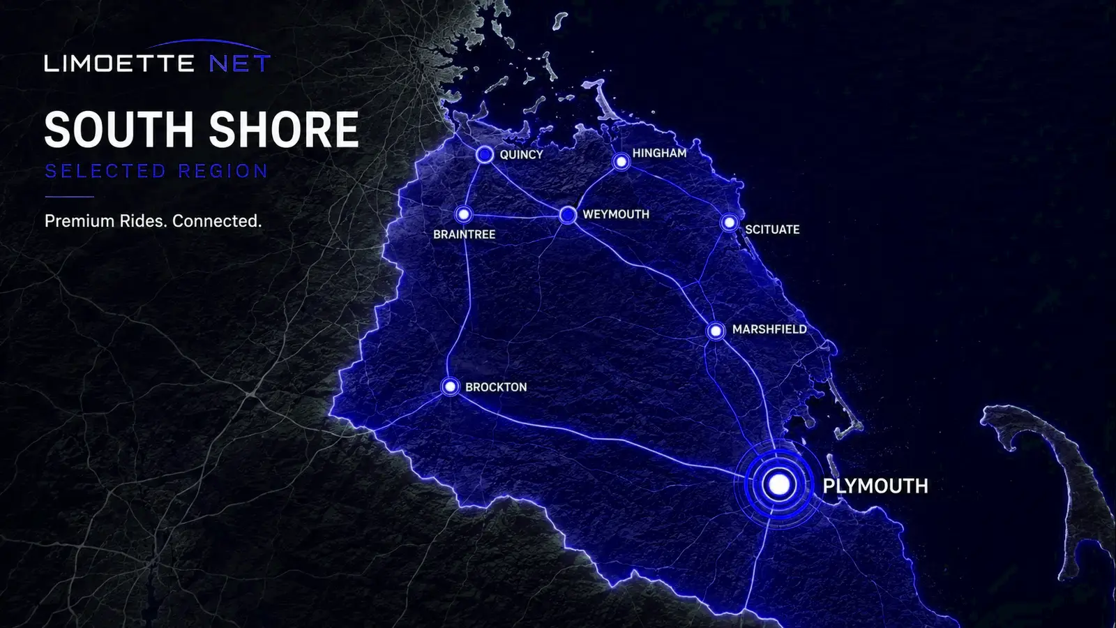 Digital South Shore map with Plymouth highlighted.