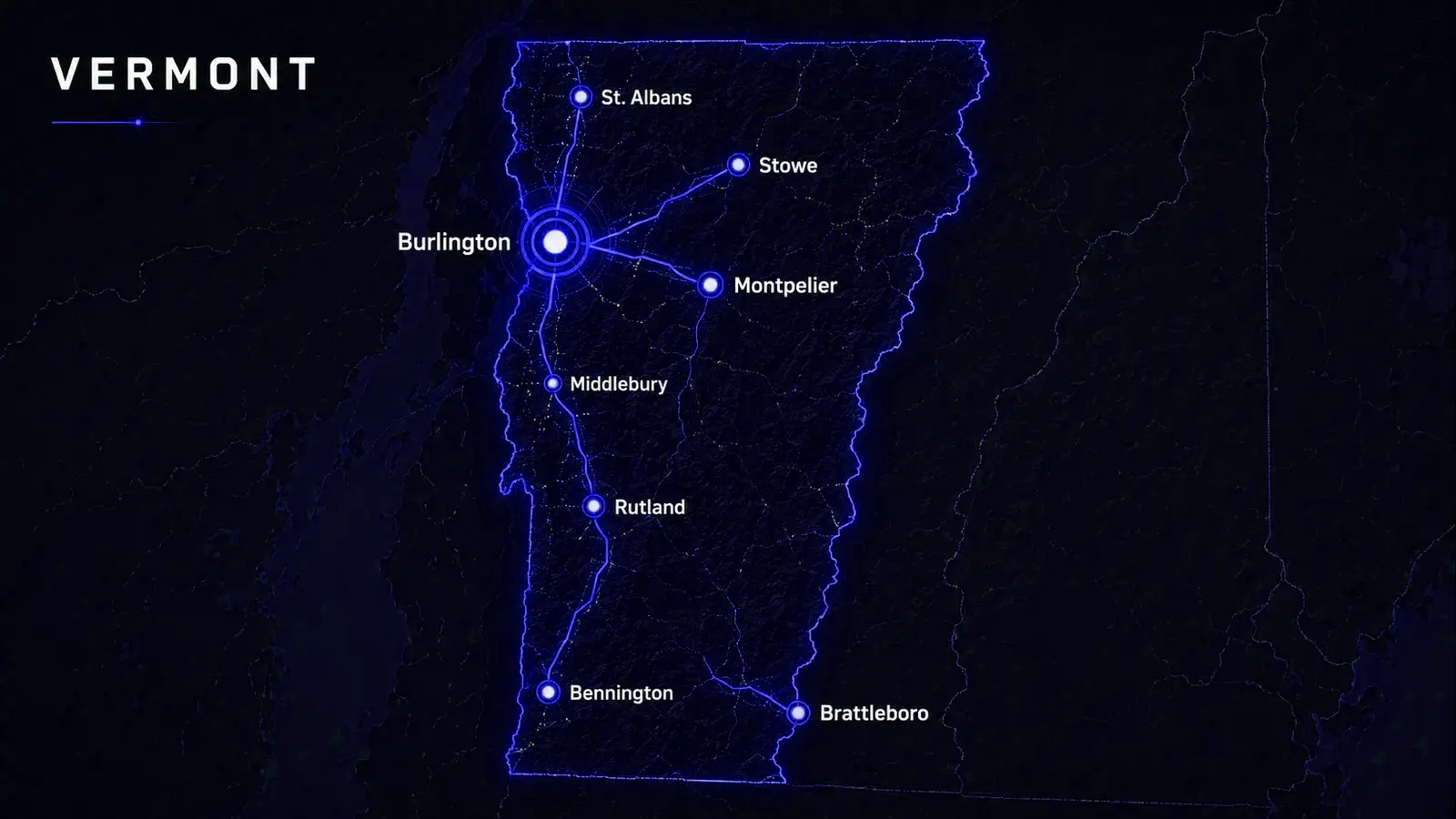 Digital Vermont map with Burlington highlighted.