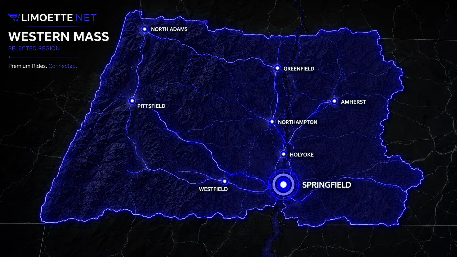 Digital Western Massachusetts map with Springfield highlighted.